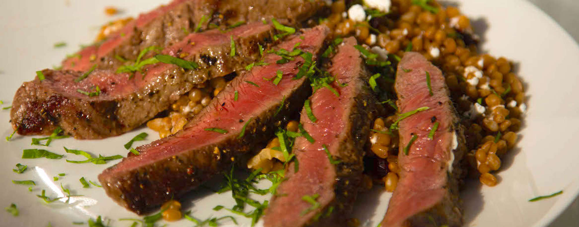 Pan Seared Flat Iron Steak with Cranberry Walnut Wheat Berry Salad